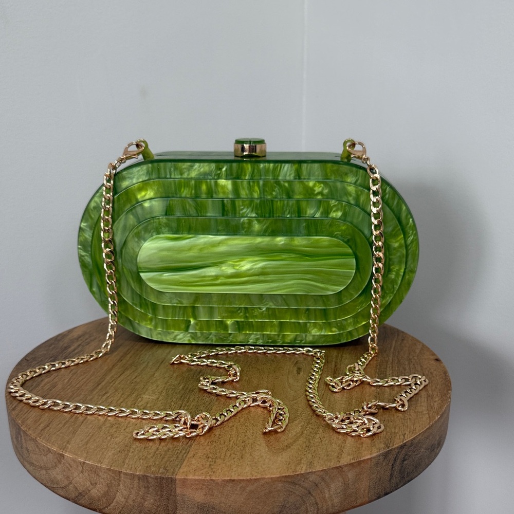 Art Deco Inspired Green Lucite Clutch Bag with Gold Chain